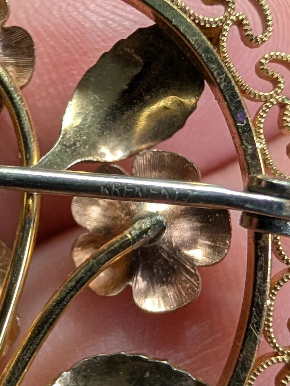 Vintage Krementz Gold and Rose Plated Floral Brooch Pin Stamped